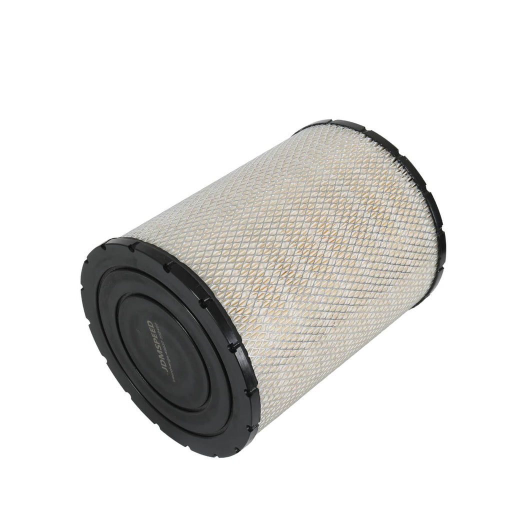 Air filter cartridge three-quarter view with black end caps and light pleated mesh