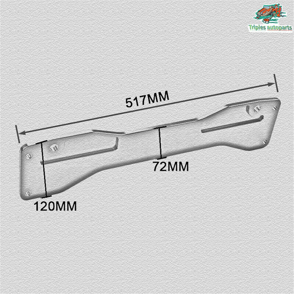 Red subframe brace with dimension markings, 517mm length and 72mm section width