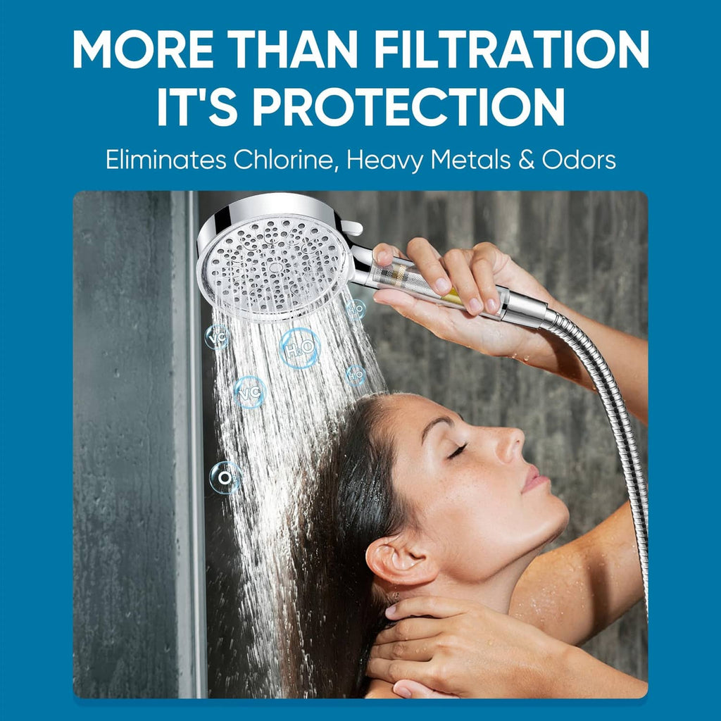 Chrome shower head with filter element, held to a shower hose over water flow
