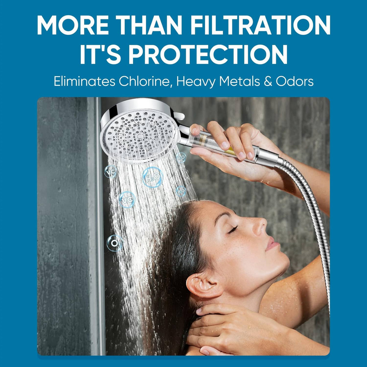 Chrome shower head with filter element, held to a shower hose over water flow