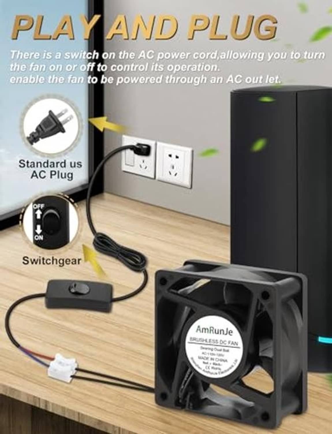 Small DC cooling fan with plug-in power adapter and inline switch, black housing