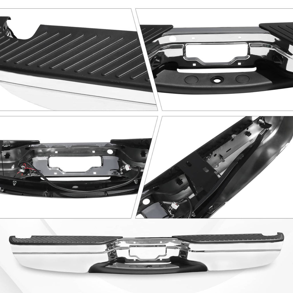 Rear step bumper assembly showing chrome bar, textured step cover, and mounting brackets