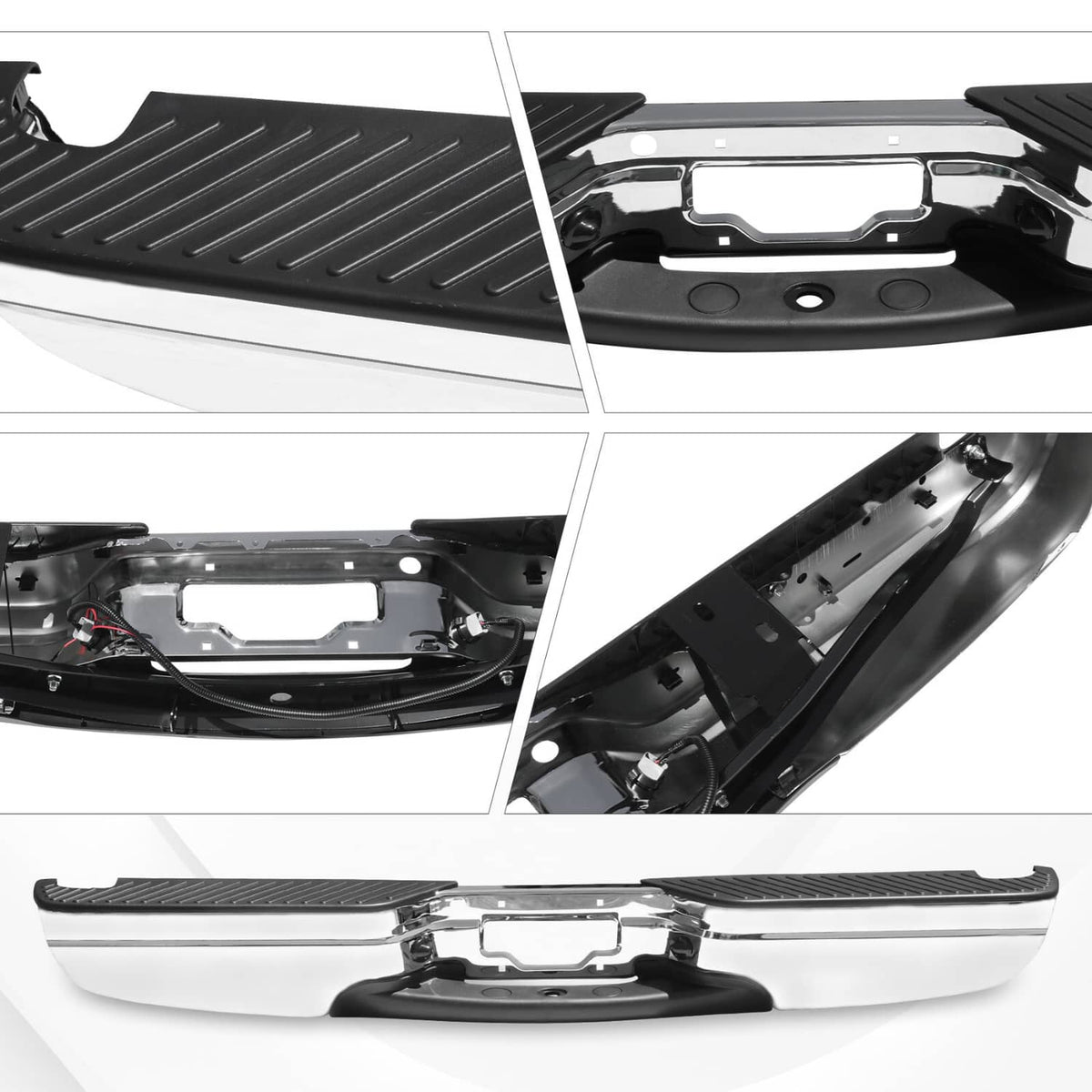 Rear step bumper assembly showing chrome bar, textured step cover, and mounting brackets