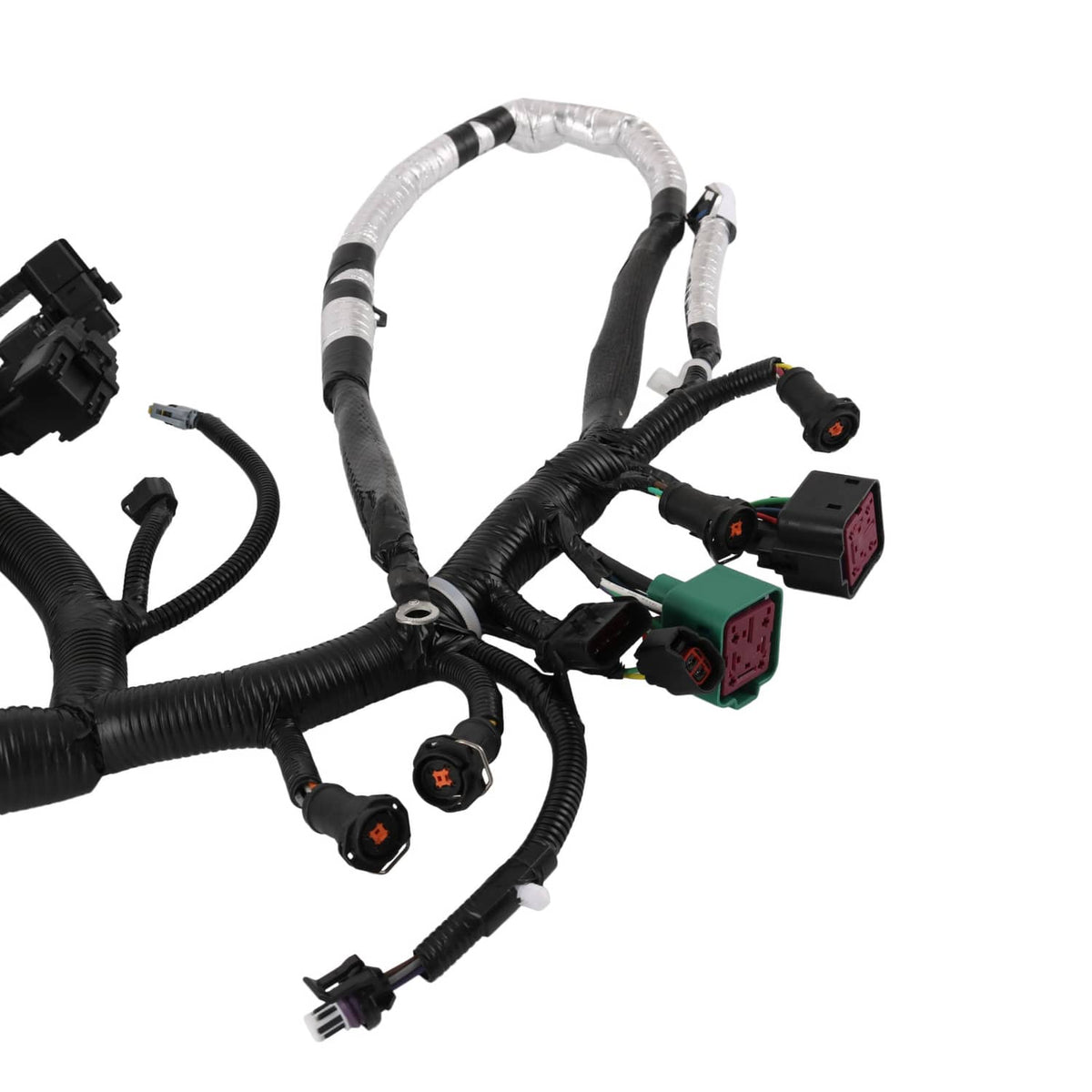 Engine wire harness showing gray shielding tube and black connectors with colored terminals