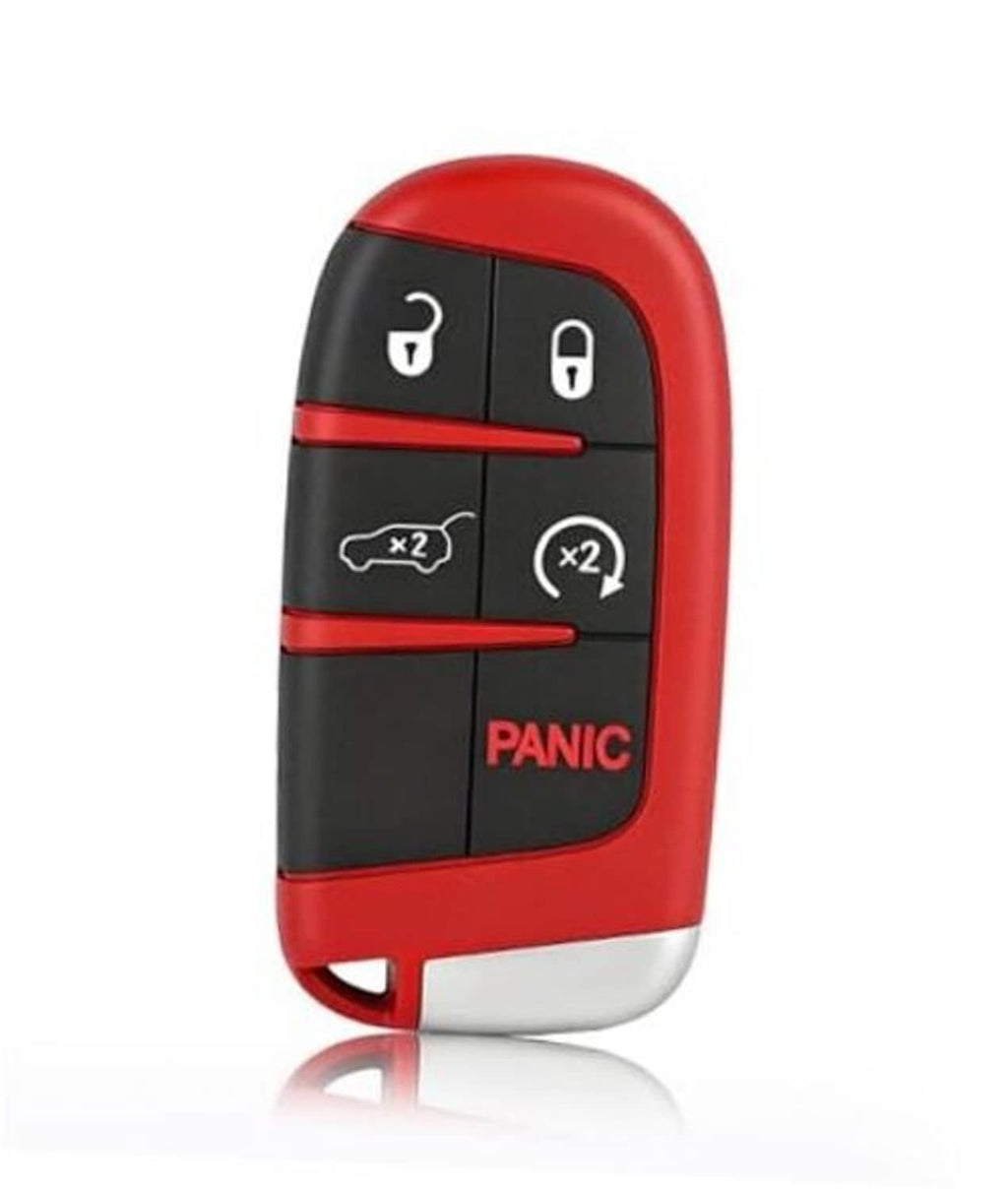 Red and black remote key fob with four buttons and Panic label