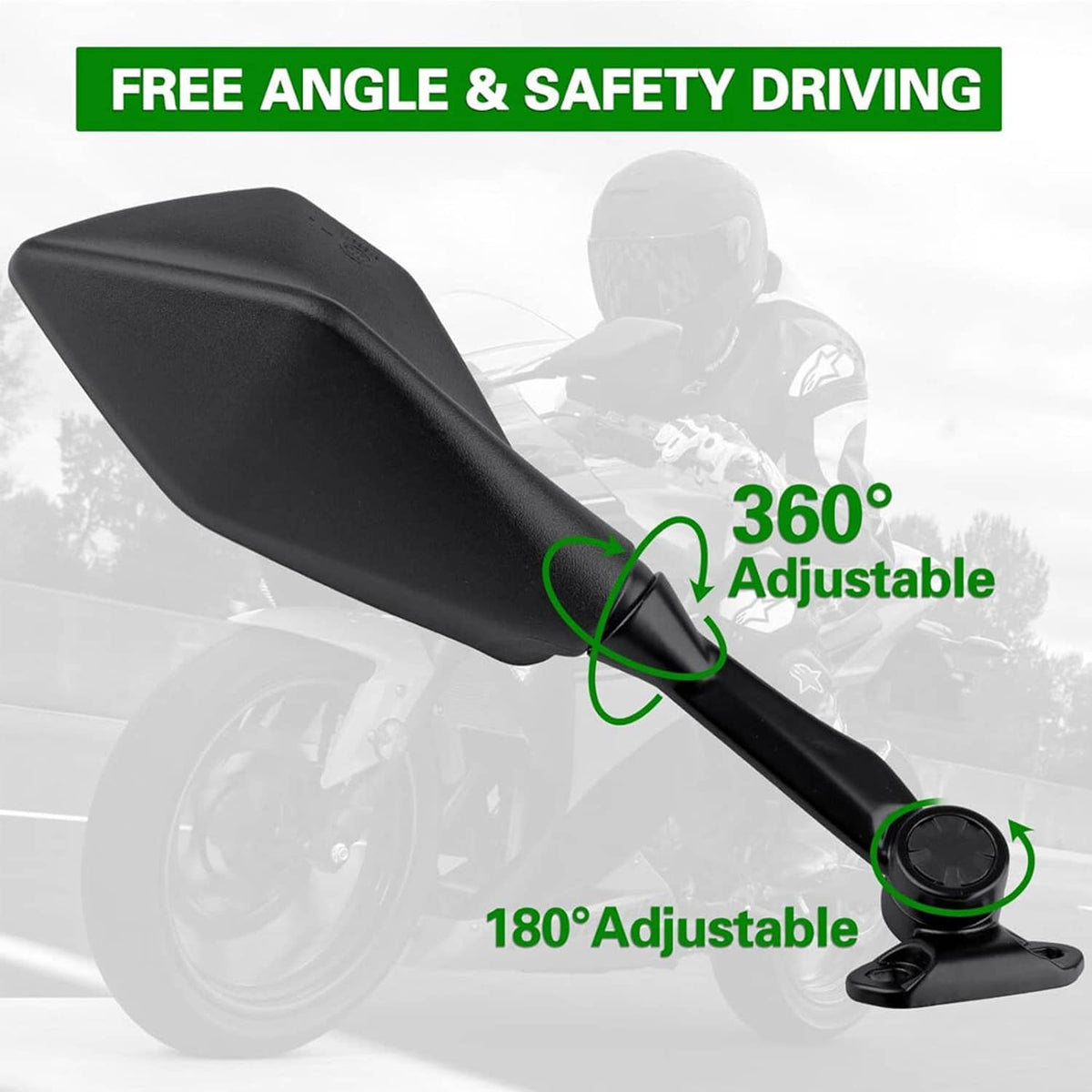 Black adjustable motorcycle rearview mirror pair with pivoting stems