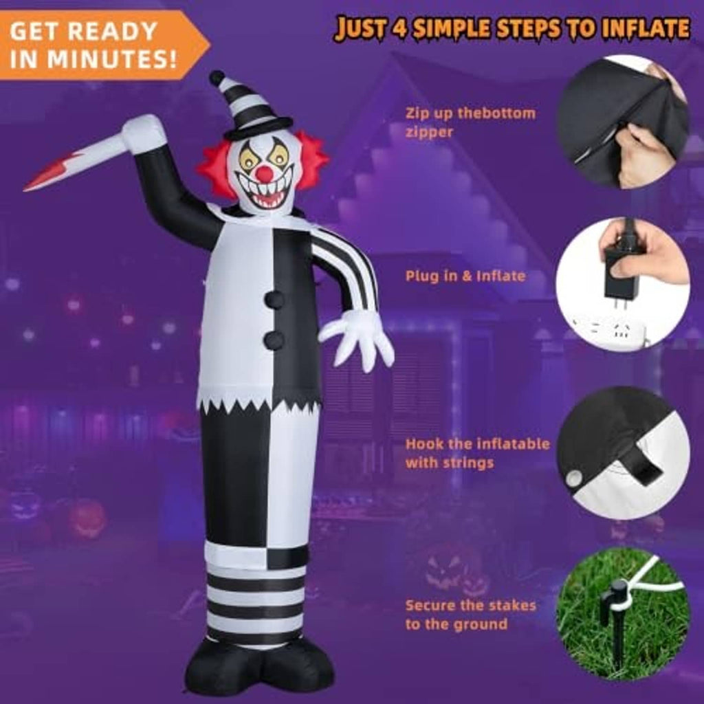 12ft inflatable clown with LED lights, showing zipper, plug-in, hooks, and ground stakes