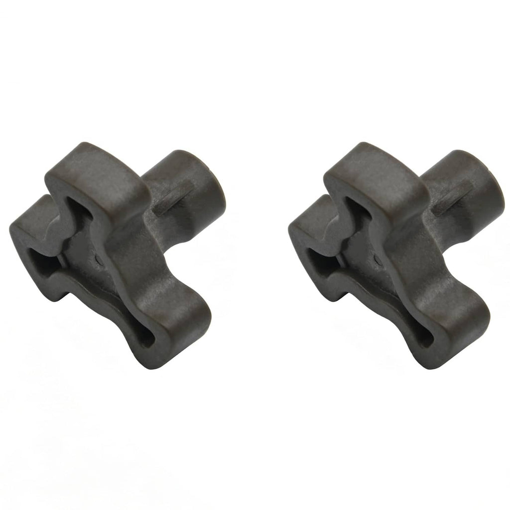 Two gray microwave turntable coupler shafts, cross-shaped with central hole