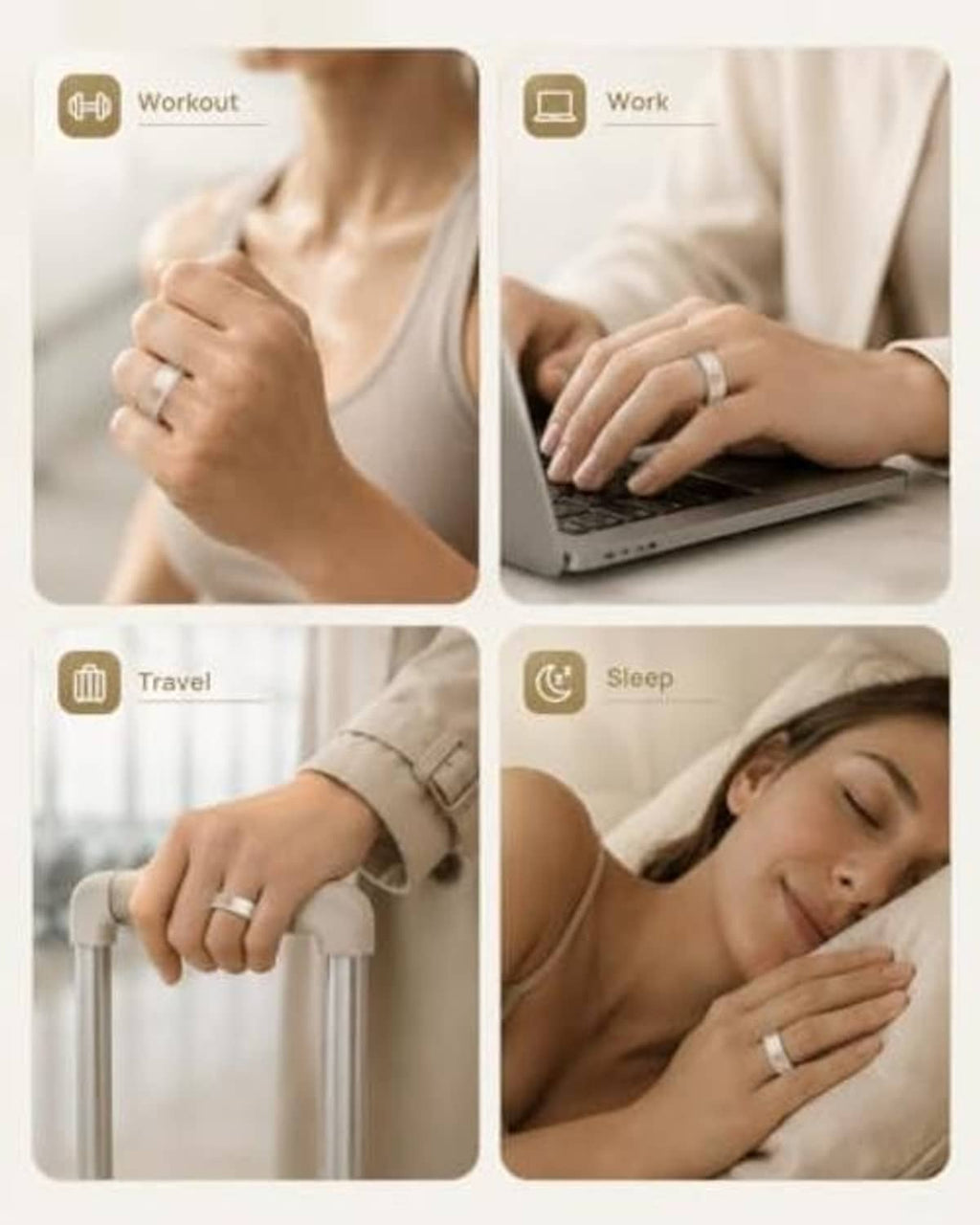White silicone ring cover worn on hands in workout, work, travel, and sleep scenes