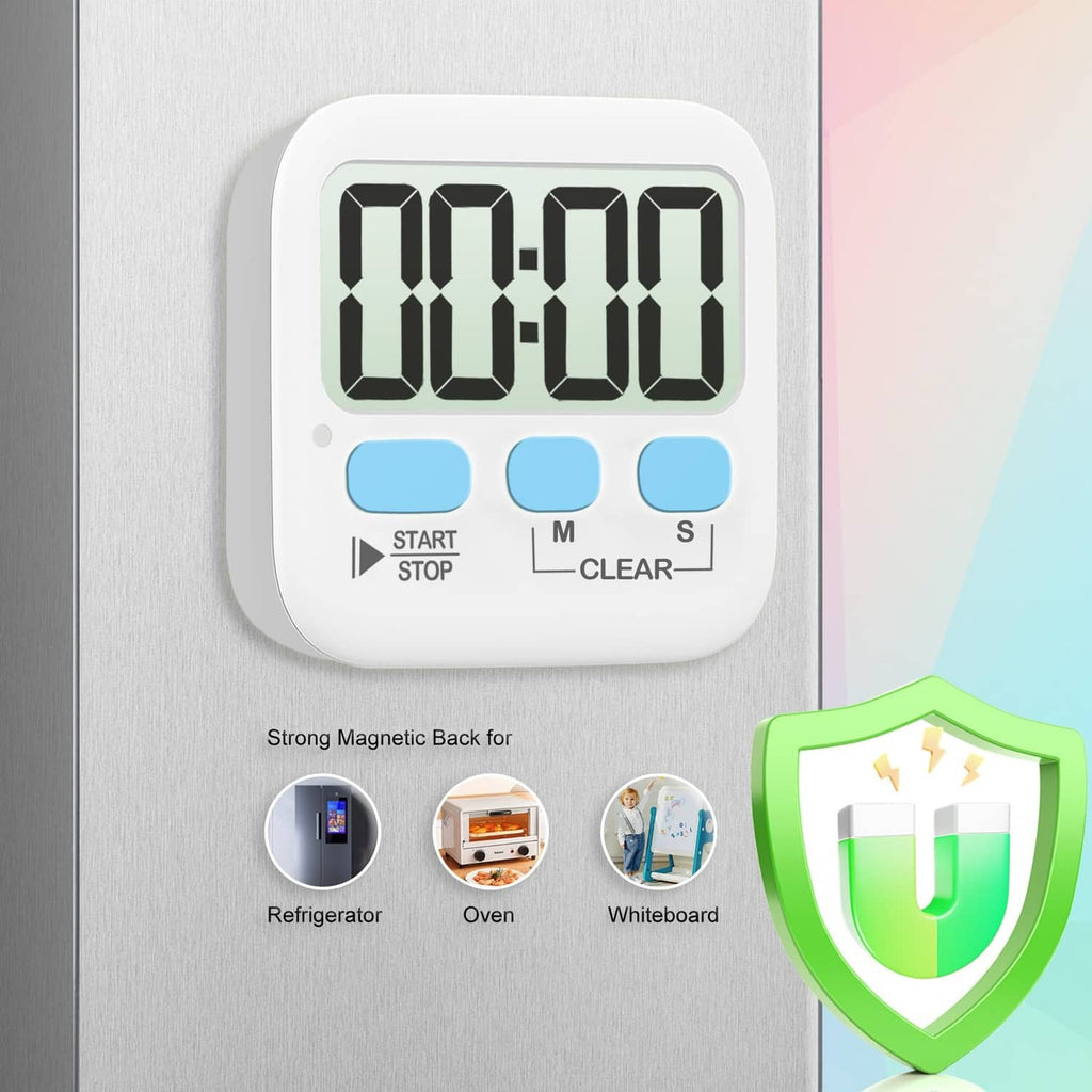 White magnetic digital countdown timer displaying 00:00 with start/stop and clear buttons