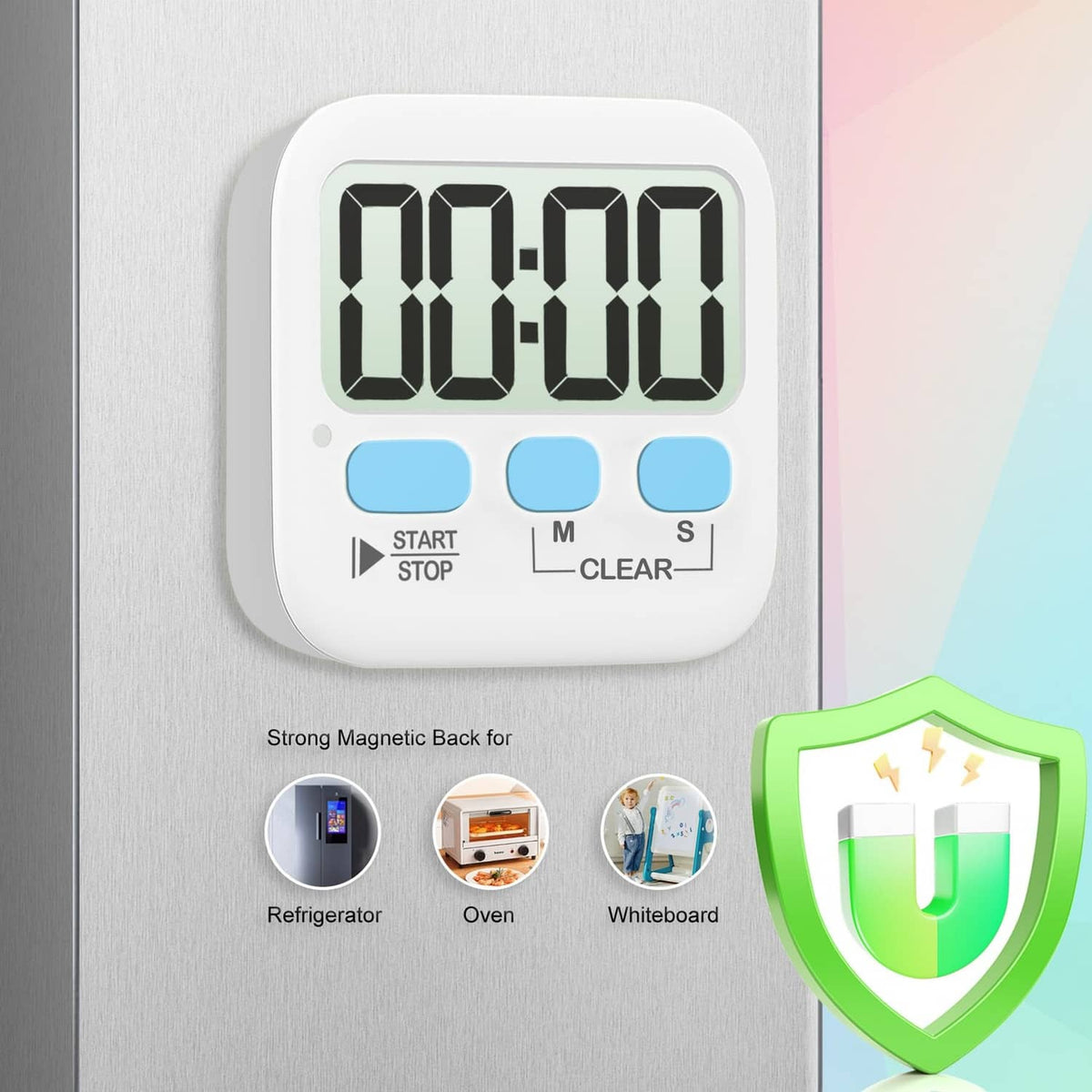 White magnetic digital countdown timer displaying 00:00 with start/stop and clear buttons