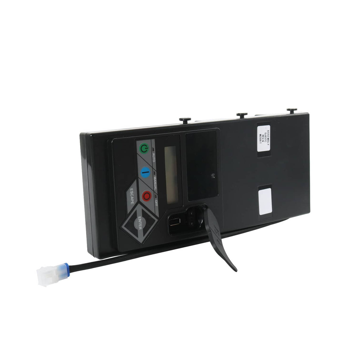 Black generator standby controller assembly with status icons and wiring leads