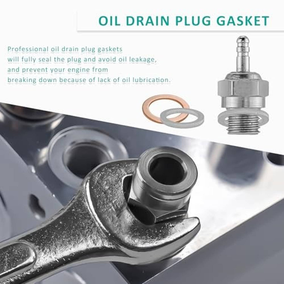 Oil drain plug gasket and oil drain plug close-up with copper gasket rings