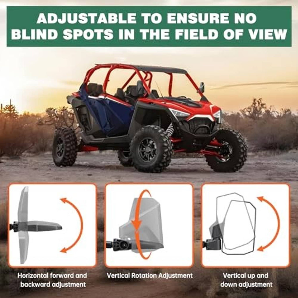 UTV side mirrors with adjustable mounting, showing horizontal and vertical rotation positions