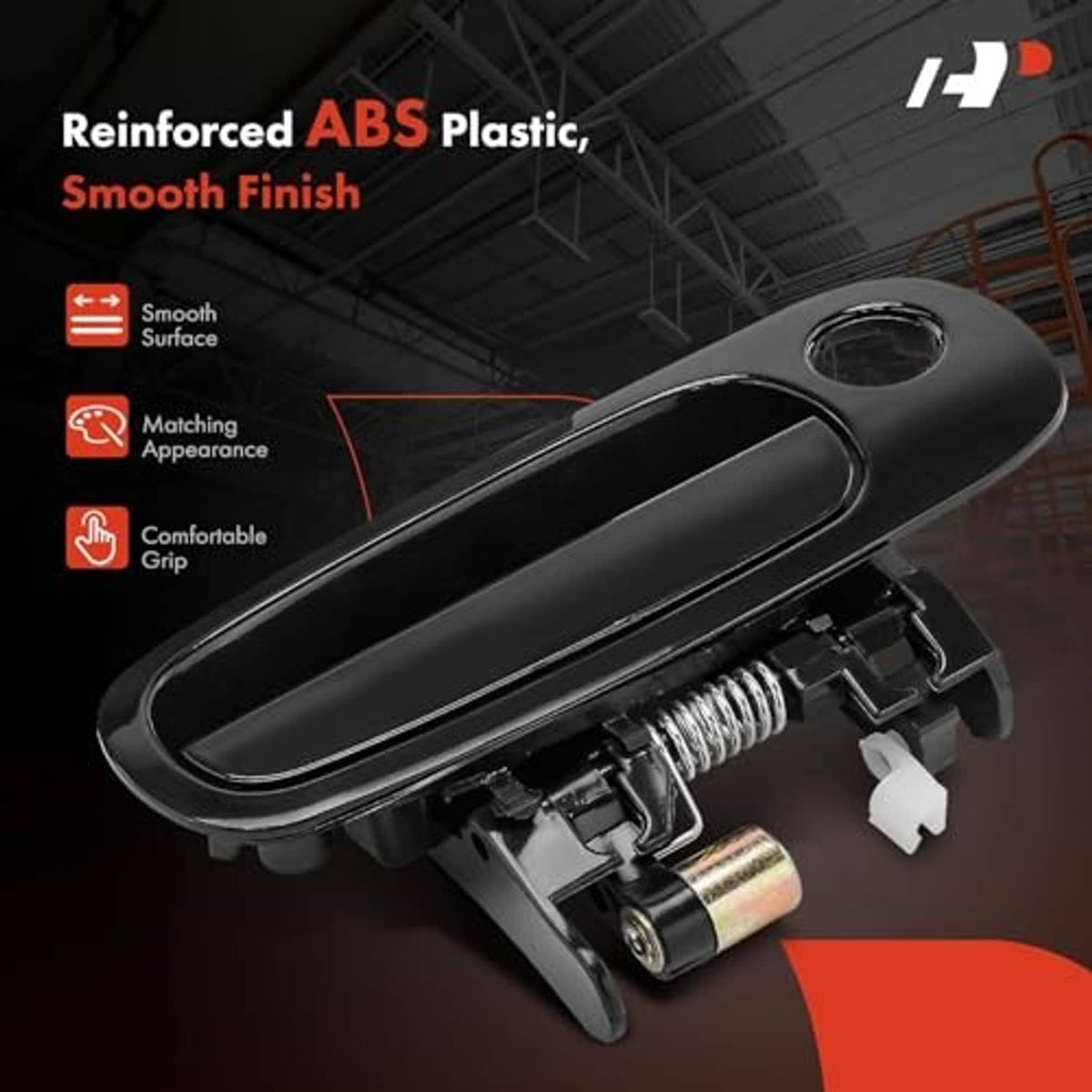 Black exterior door handle underside showing ABS housing, spring, and mounting parts.