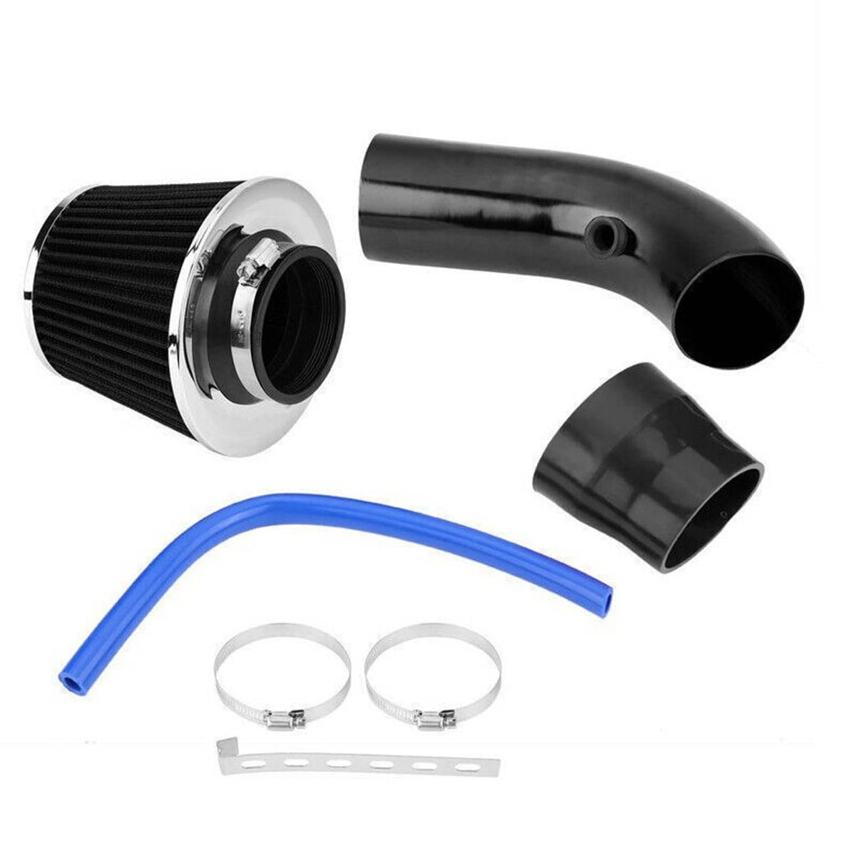 Universal cold air intake filter and black induction pipe with blue silicone hose