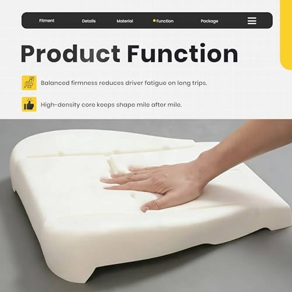 White seat cushion with top grooves and curved front lip, hand resting on it