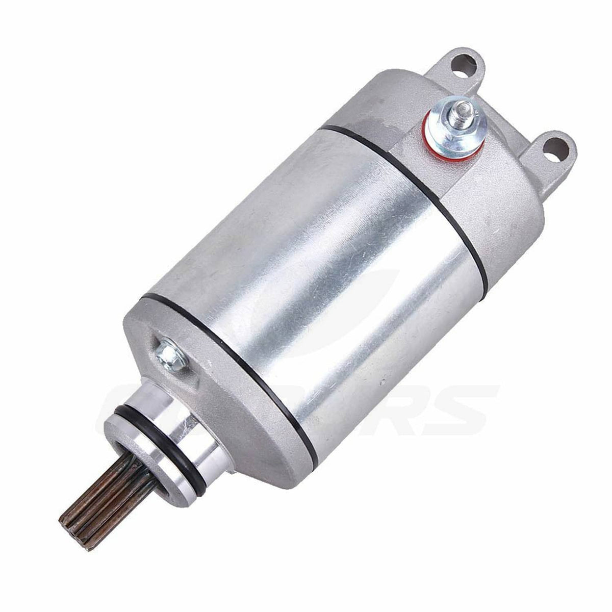 Starter motor with mounting lugs and pinion shaft, silver metal housing