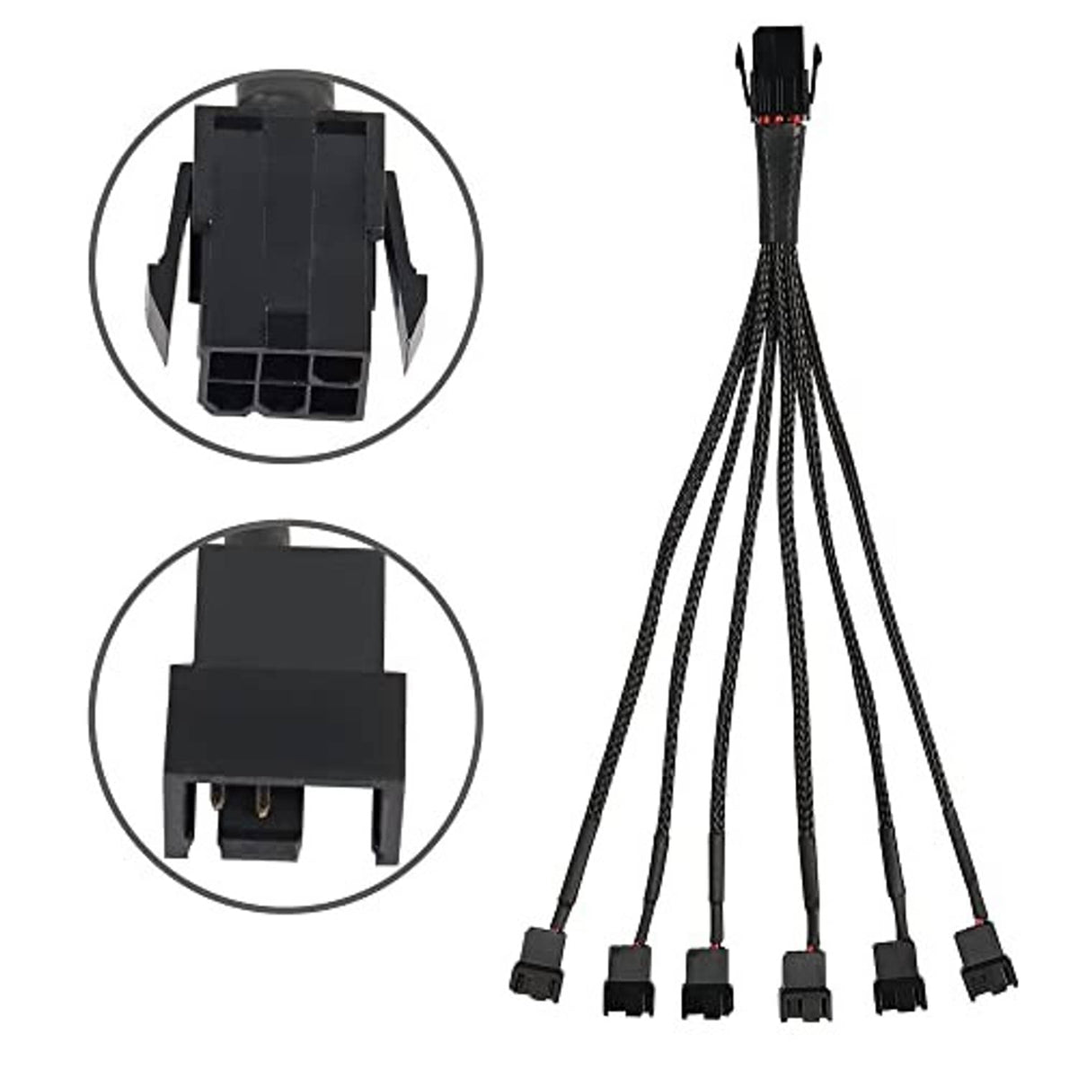 Fan power splitter cable with 6-pin PCIe-style plug and multiple 3/4-pin ends