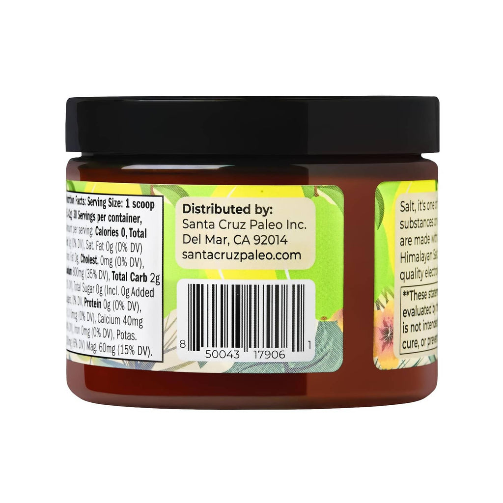Santa Cruz Paleo lemon lime electrolyte powder jar with barcode and distributed by label