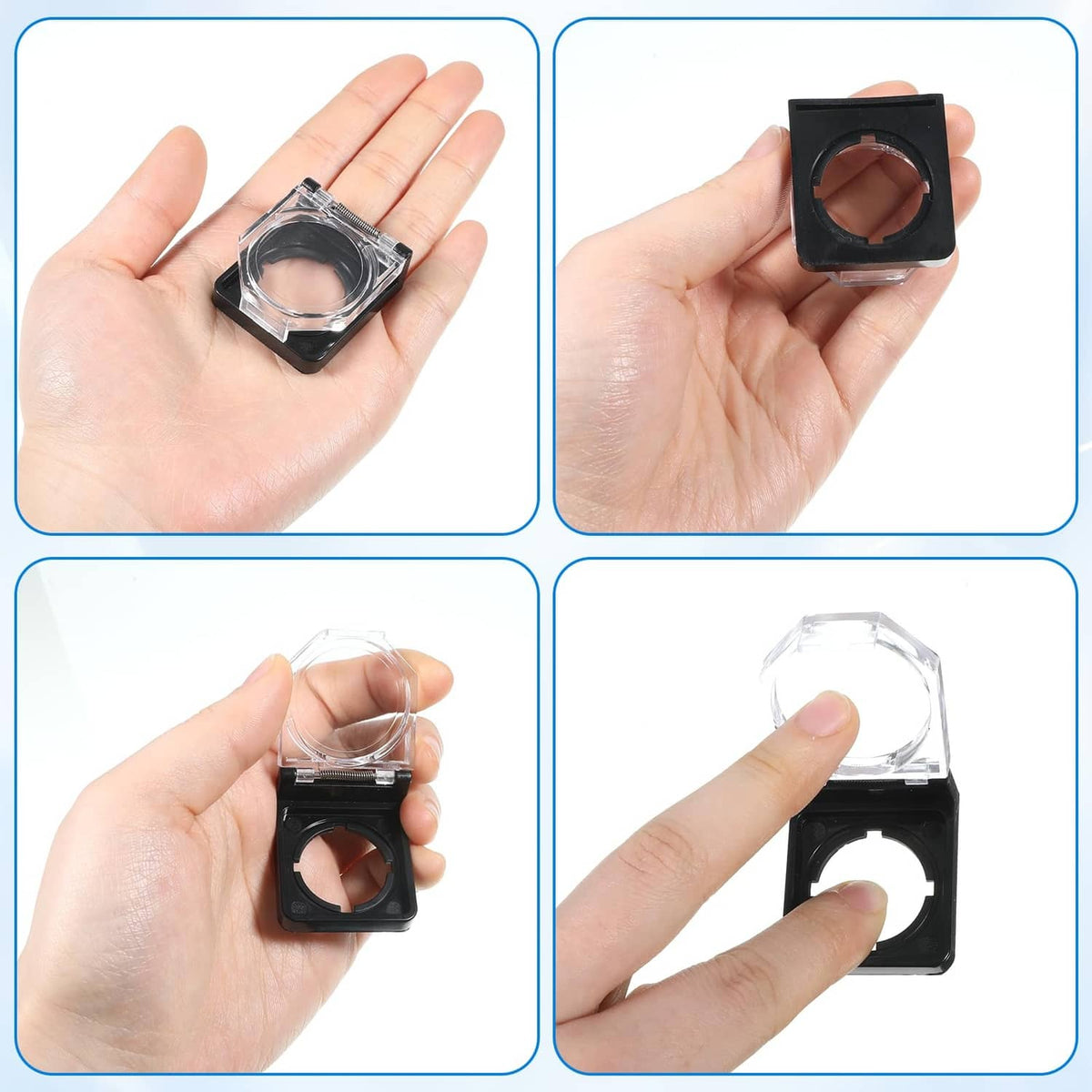PC power button switch cover in hand, clear ring module with black square housing