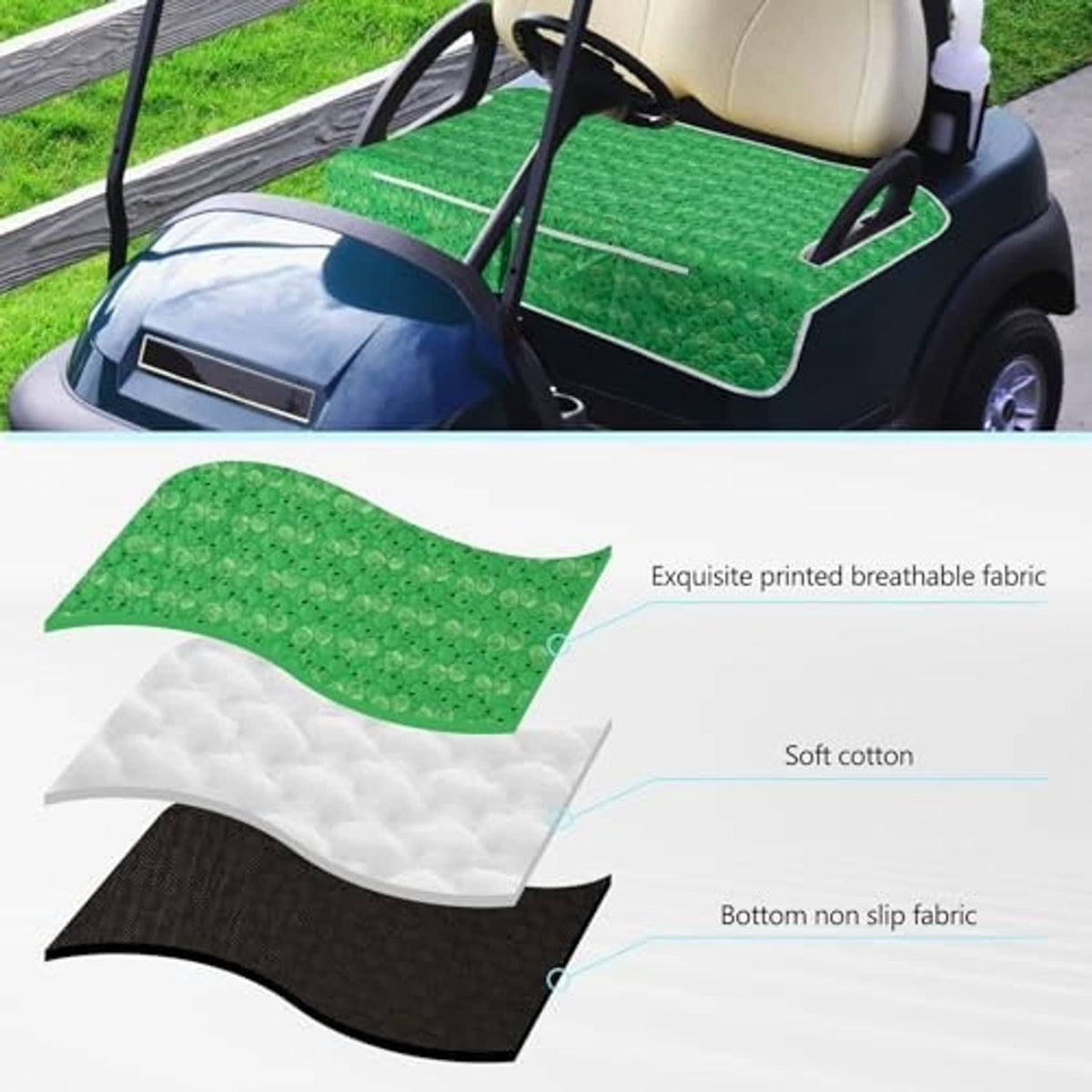 Green printed seat cover fabric with breathable top layer and black non-slip underside