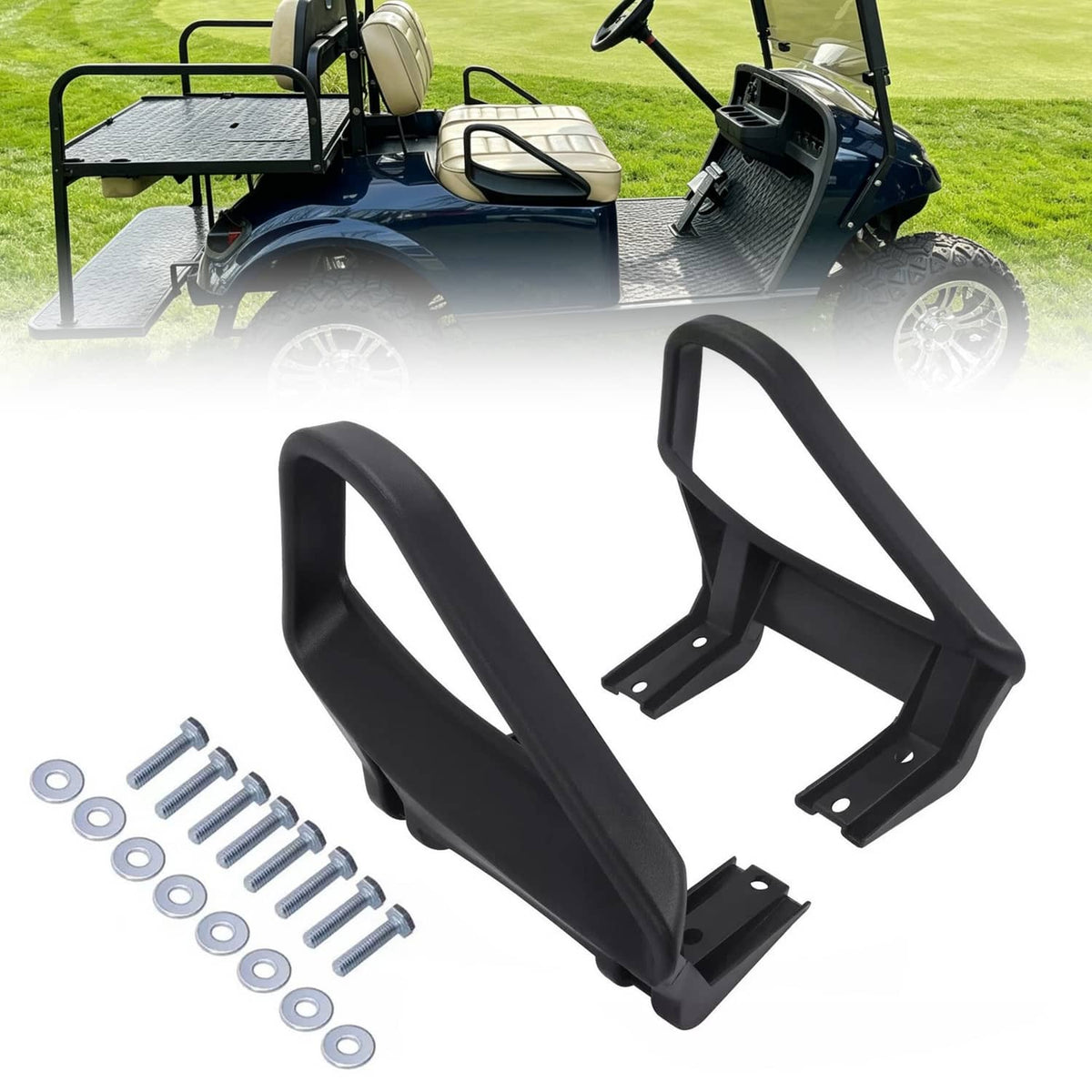 Golf cart seat armrest/hip restraint set, black plastic, with mounting hardware