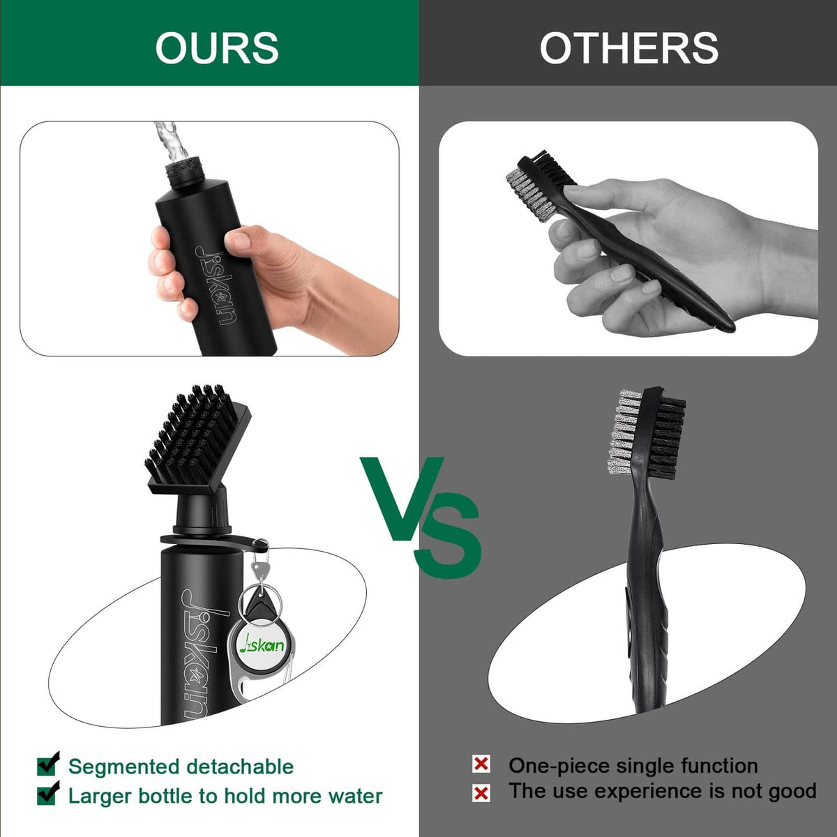 Golf club cleaner brush tool with black detachable bristle head, held in hand