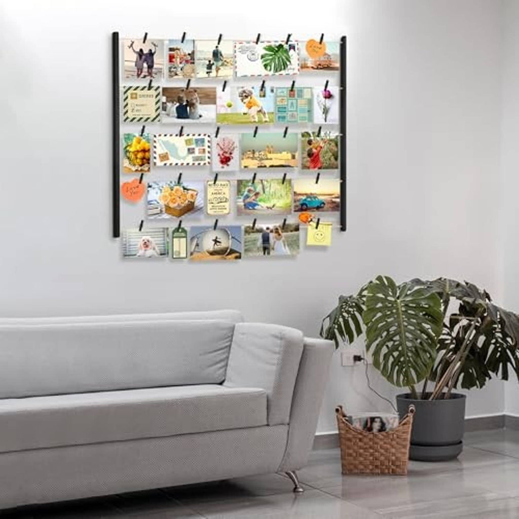 Black solid wood collage picture display with many photo cards clipped to bars
