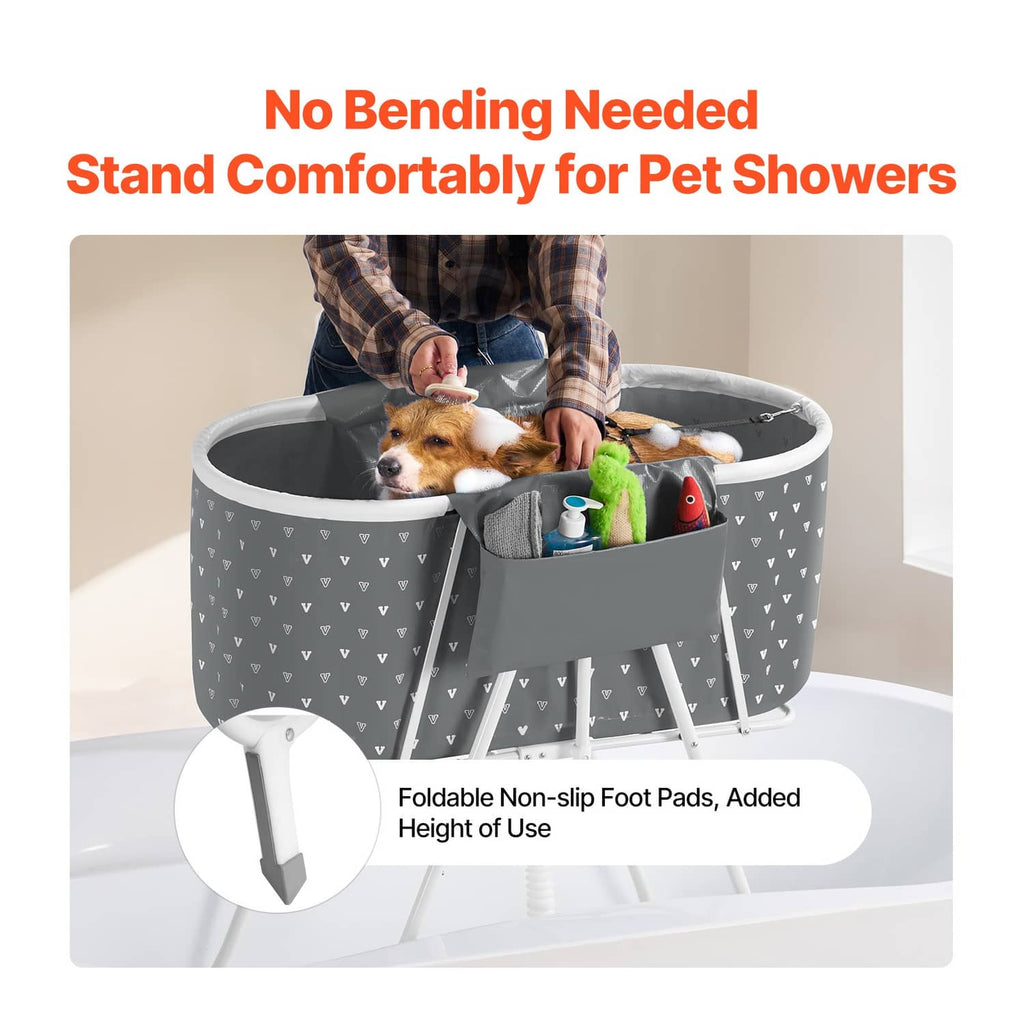 Gray foldable elevated dog bath tub with drain system and side access panel