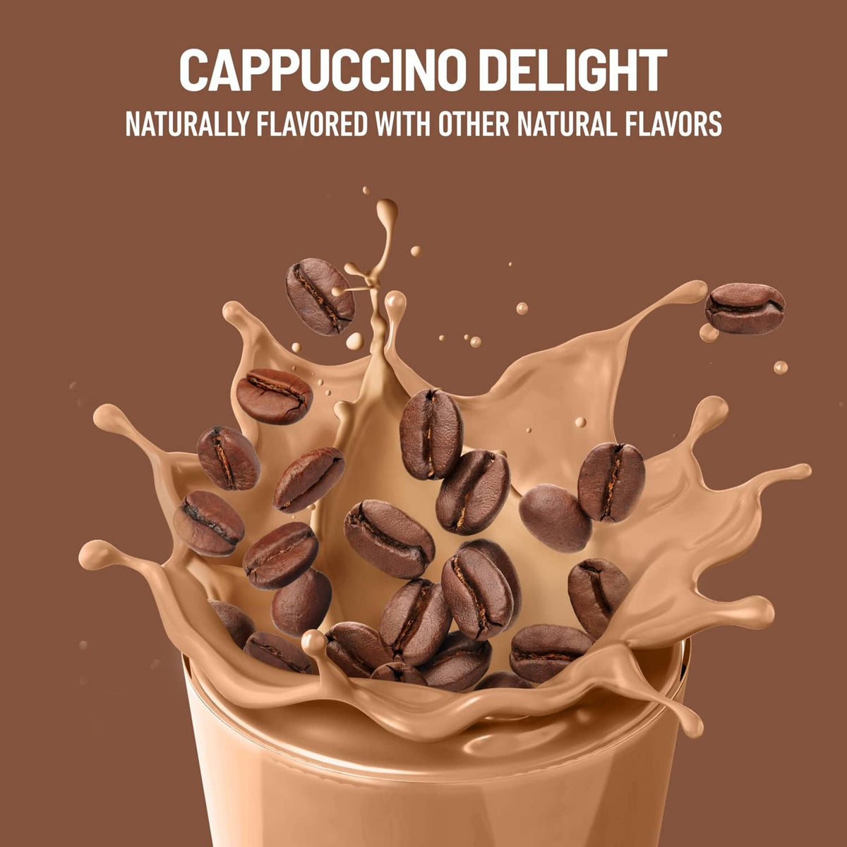SlimFast cappuccino delight shake flavor splash graphic on a brown background
