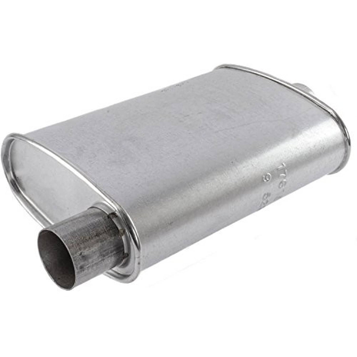 Stainless steel exhaust muffler with large outlet opening and mounting collar, angled