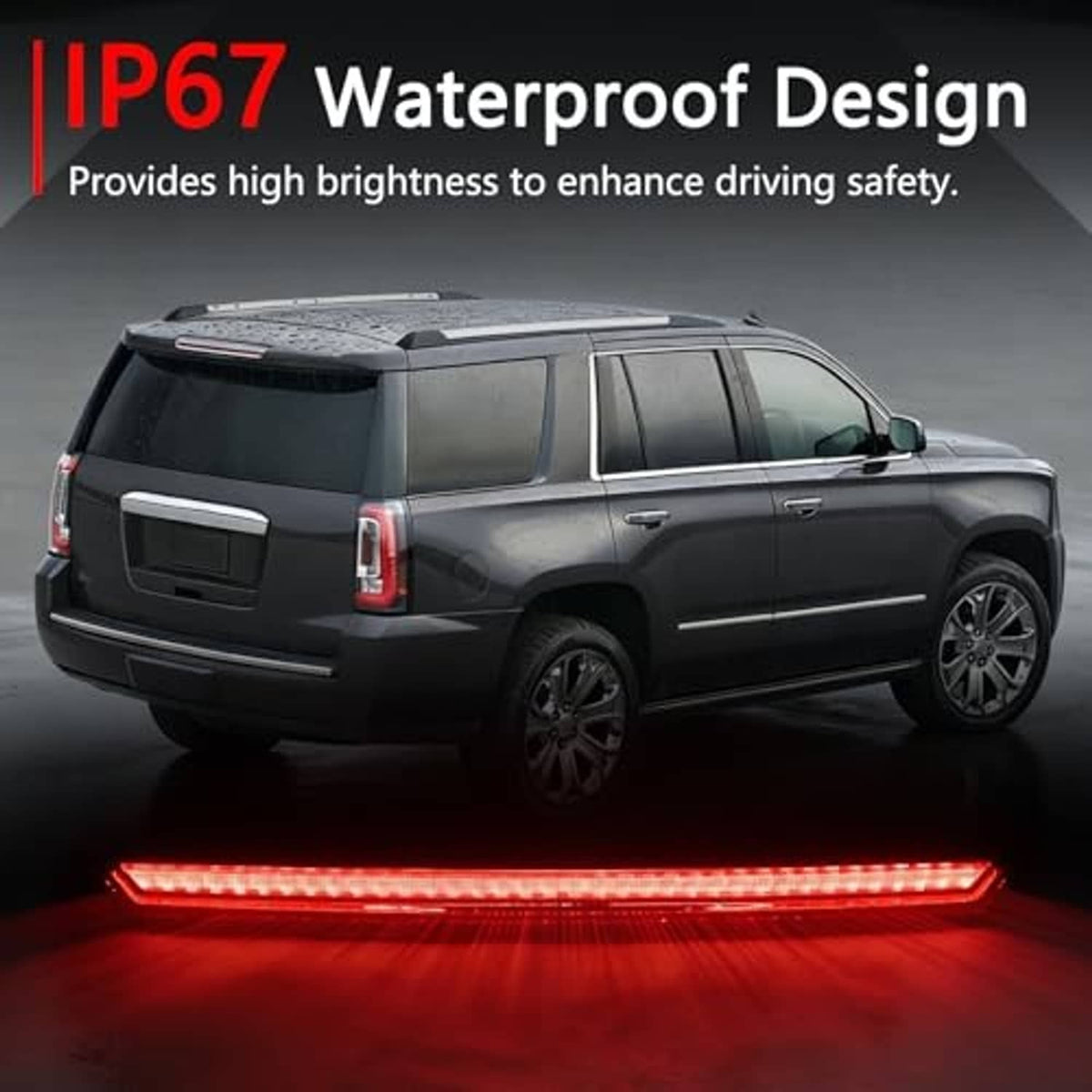 LED third brake light showing bright red illuminated strip in black housing