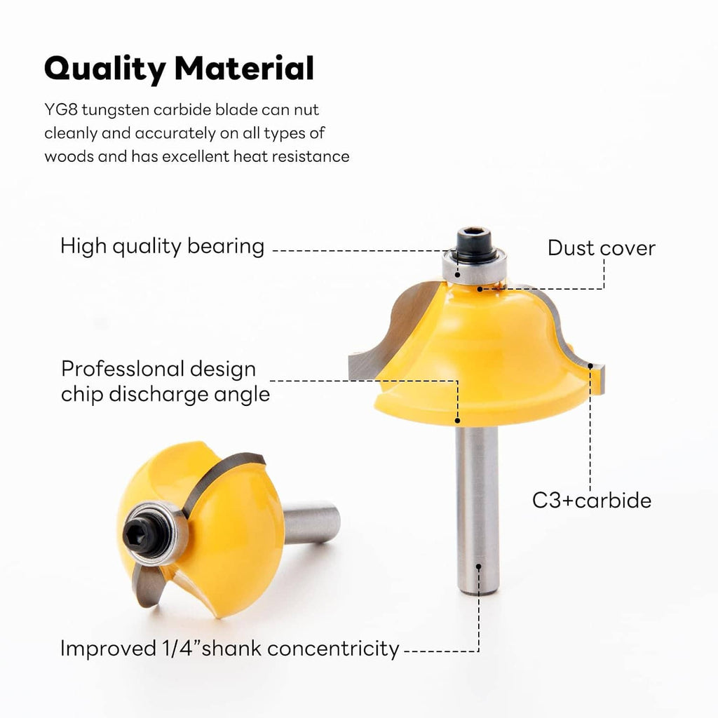Yellow router bit with carbide-style cutting head, black collet top, and 1/4in shank