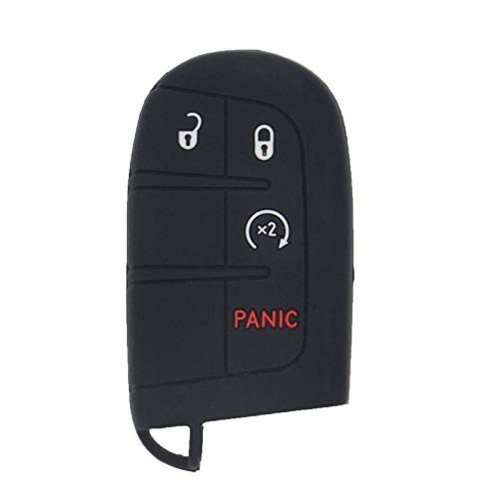 Black silicone key fob cover with lock/unlock icons, x2 button, and red PANIC label