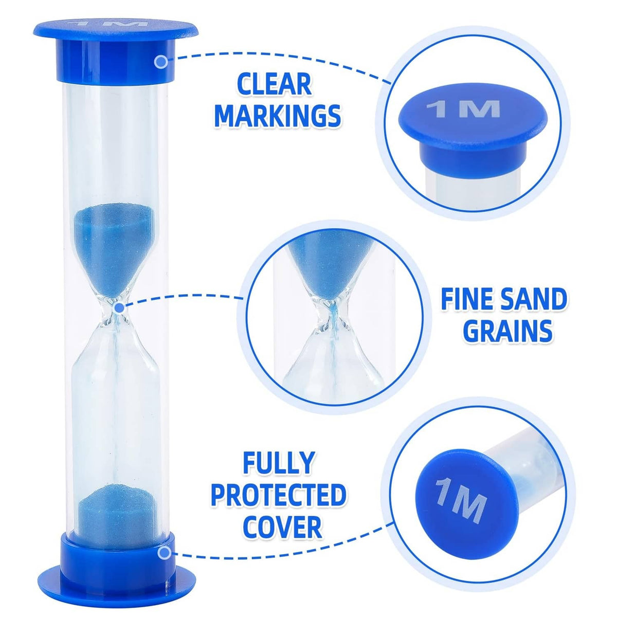 Plastic 1-minute sand timer with blue markings and fine-grain blue sand