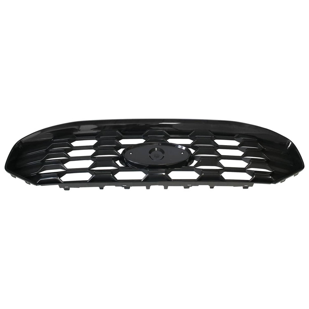 Black front grille with hex honeycomb pattern and central emblem opening