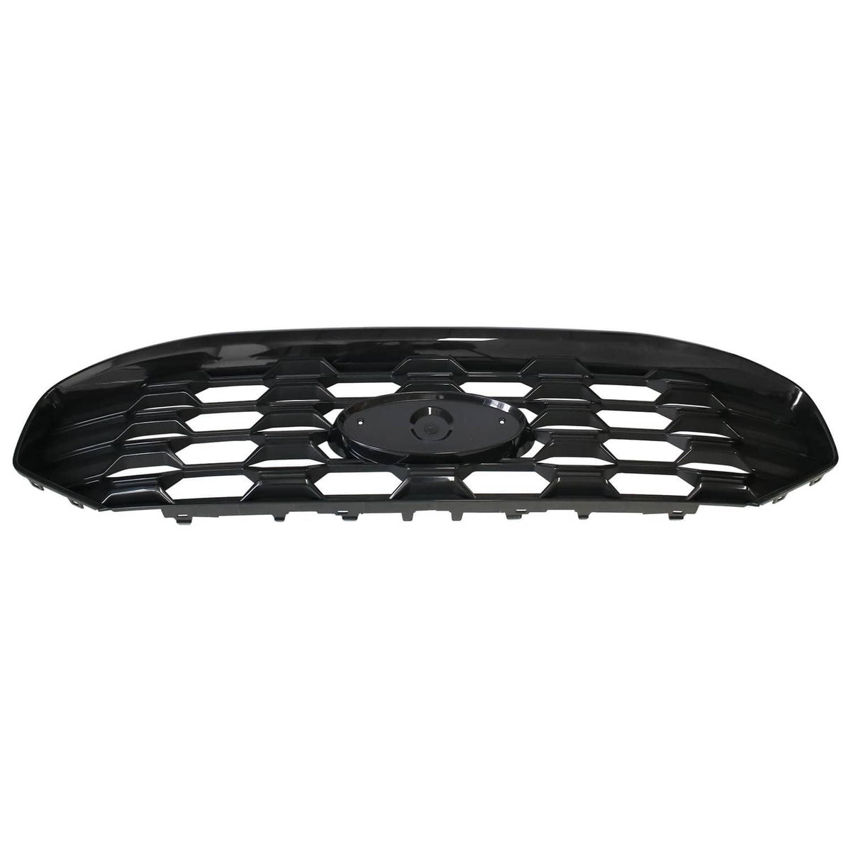 Black front grille with hex honeycomb pattern and central emblem opening