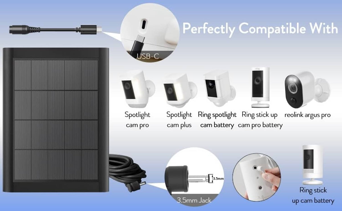 Black solar panel with charging cables and USB-C style connection diagram