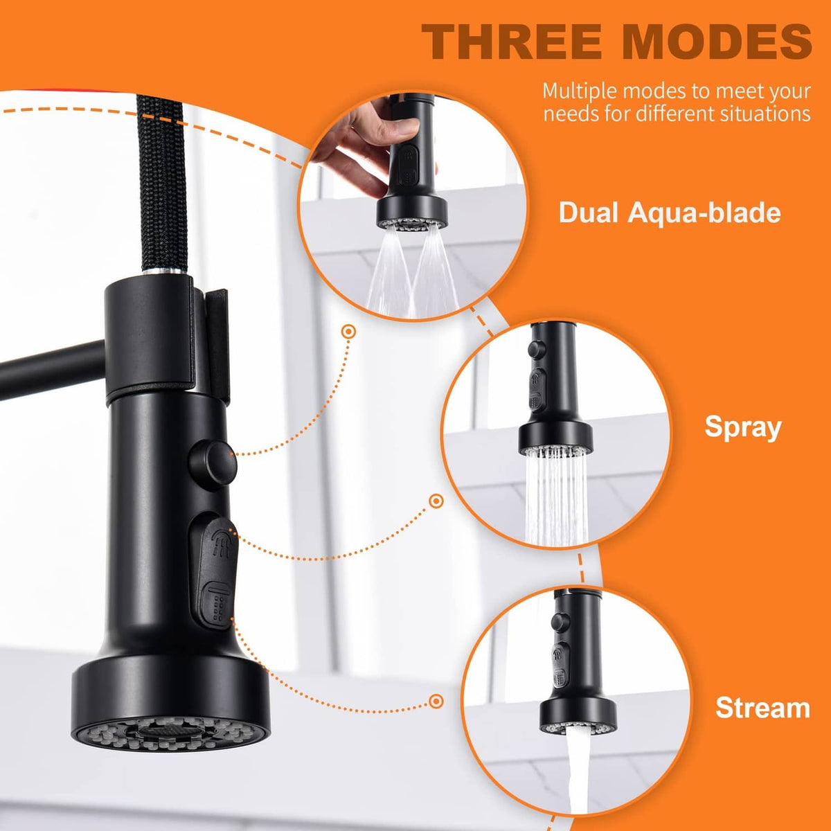 Matte black faucet head with three spray modes shown: Dual Aqua-blade, spray, and stream