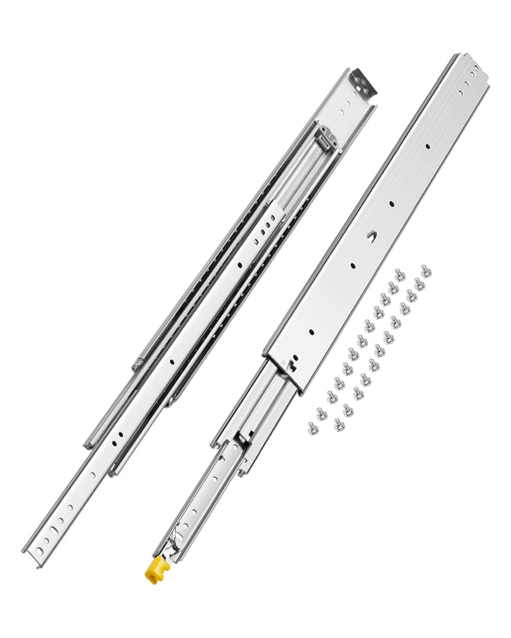 Heavy-duty 32 in soft-close drawer slide rails with ball bearings and mounting screws