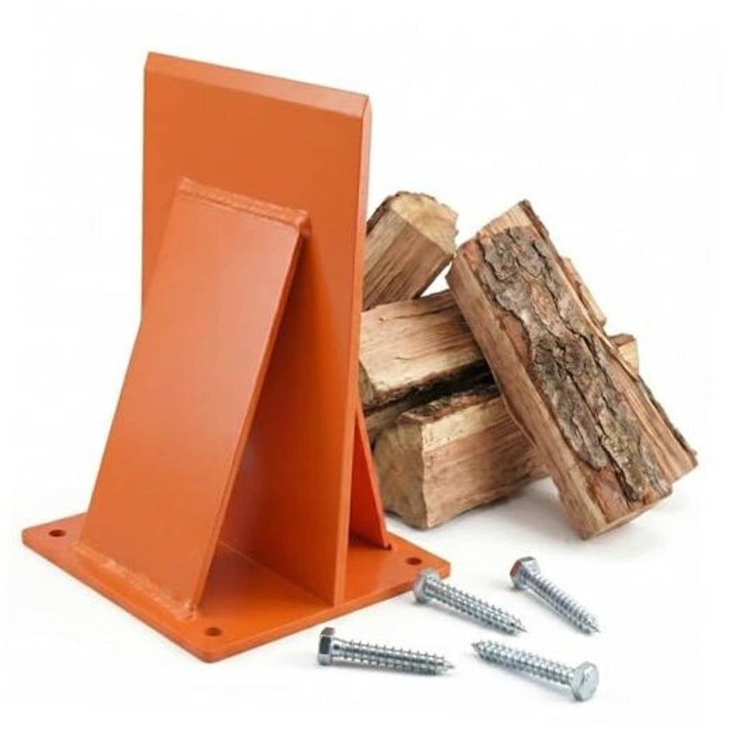 Orange firewood kindling splitter stand with base plate and included screws