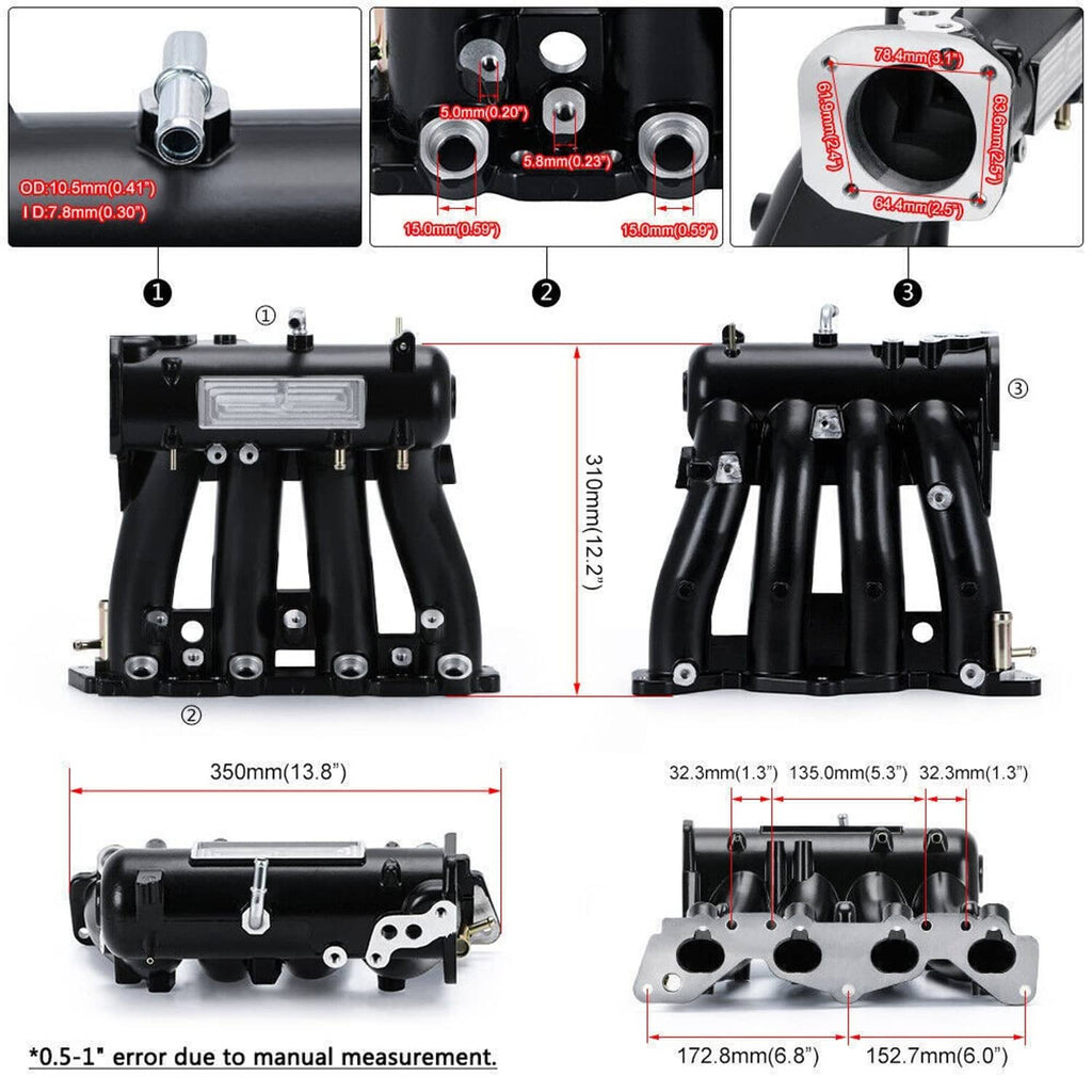Intake manifold kit shown from side with dimensions and mounting holes on black runners