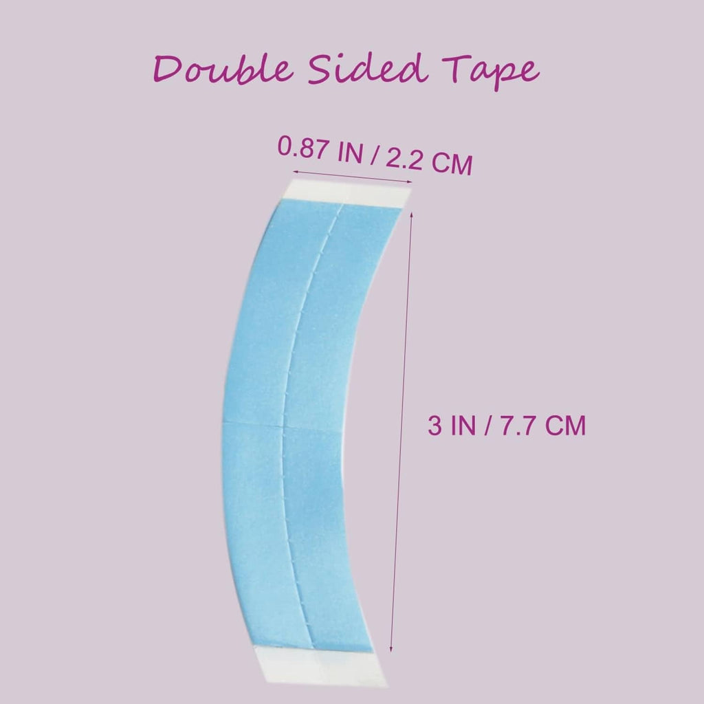 Curved blue double-sided wig tape strip, narrow adhesive piece