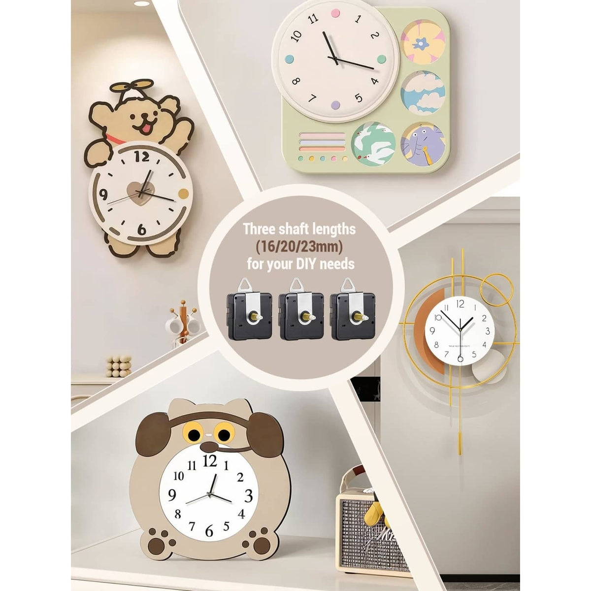 Clock movement kit displayed with cute cartoon wall clocks and replacement hands