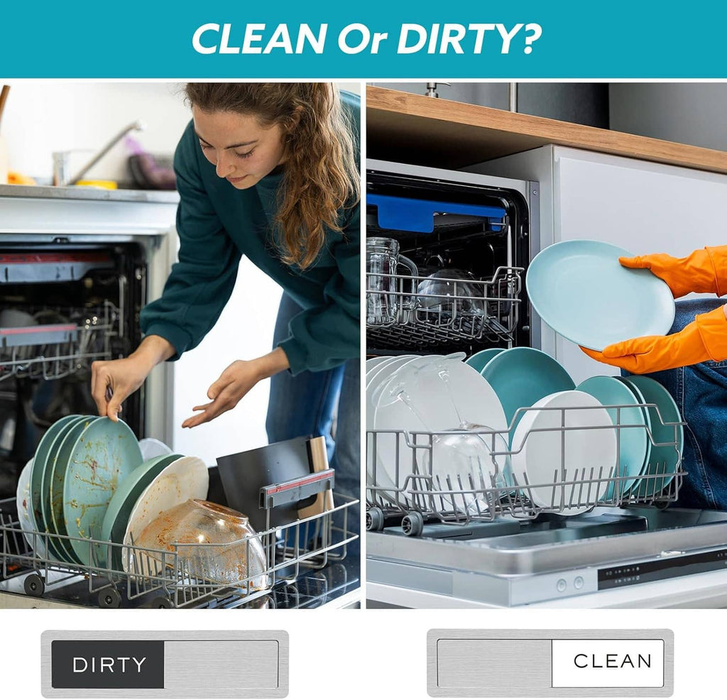 Dishwasher clean-dirty magnet signs: “DIRTY” and “CLEAN” displayed on matching frames