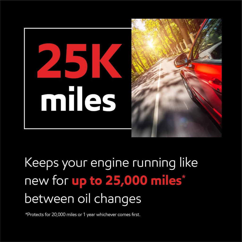 25K miles marketing graphic for extended performance oil filter protection