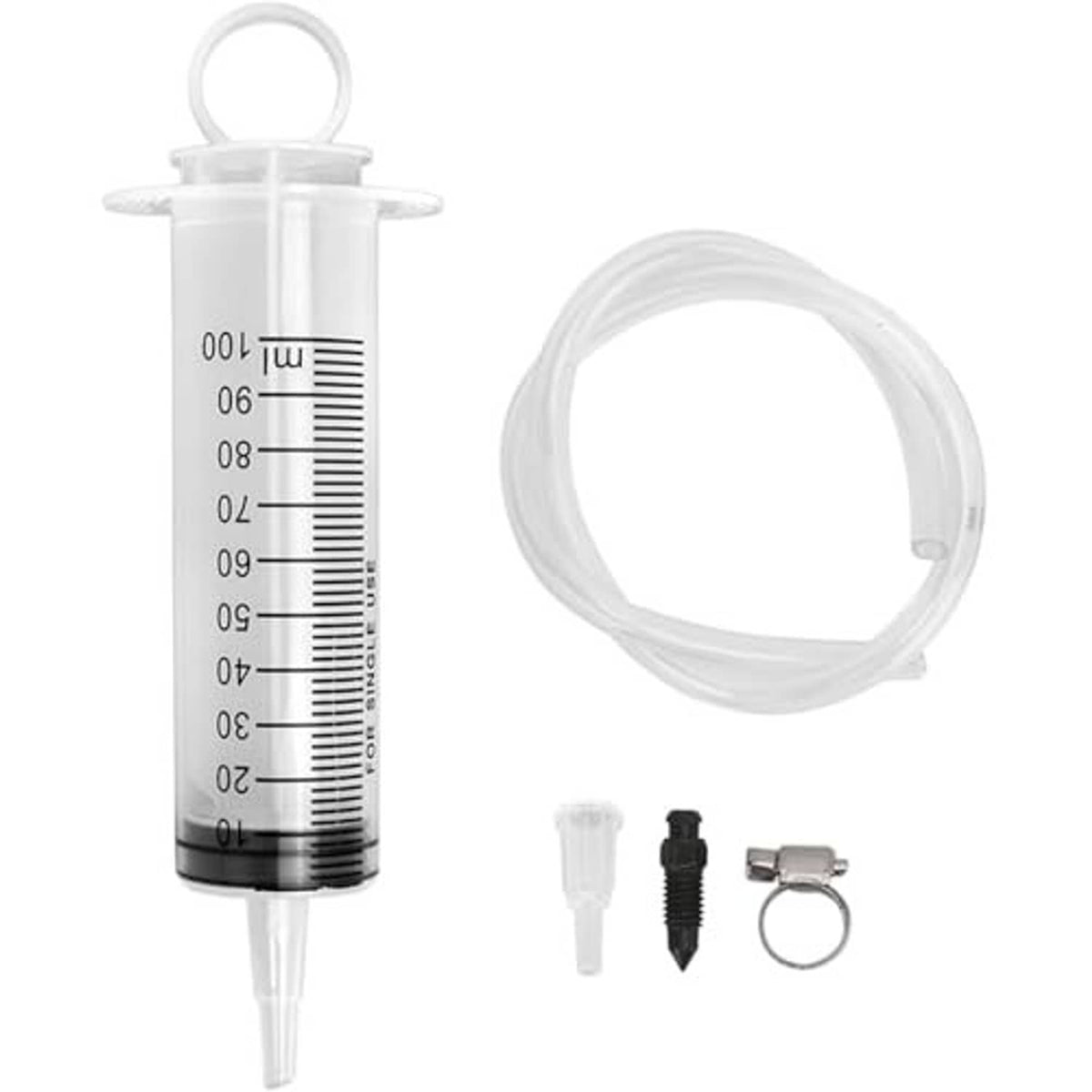 Brake bleed kit components: 100 mL syringe, clear hose, clamp and nozzle