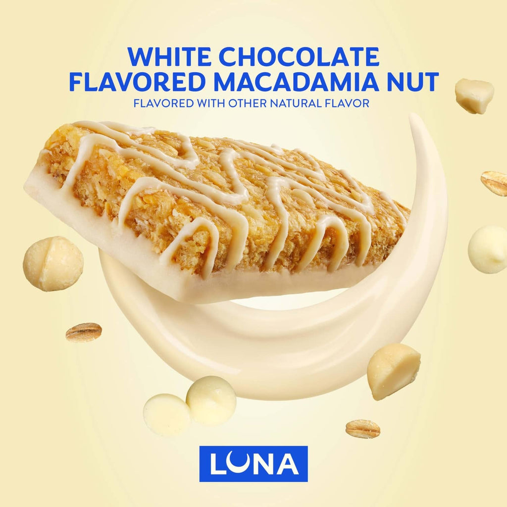 LUNA white chocolate flavored macadamia nut snack bar on white plate