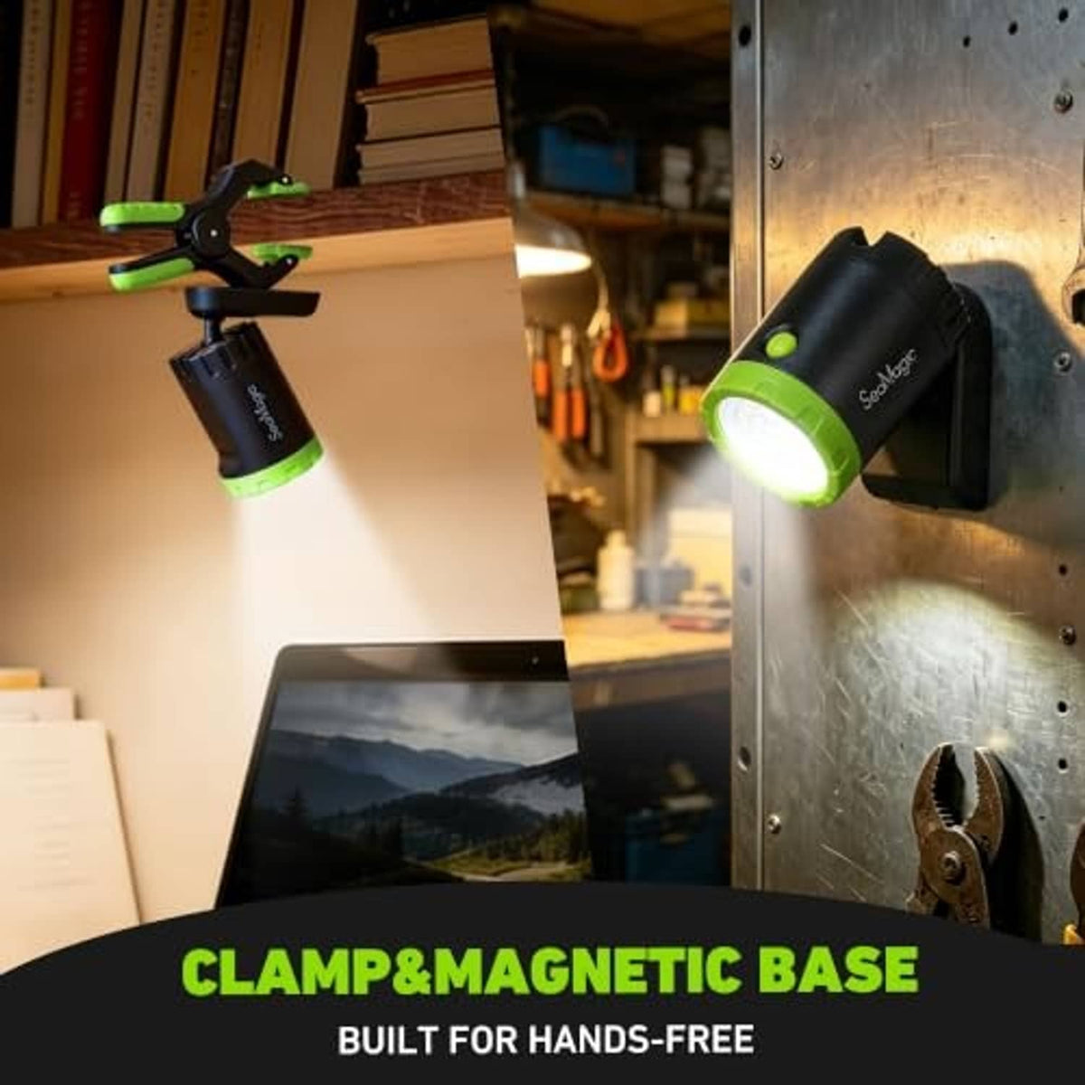 Rechargeable LED work light with green/black body mounted on metal surface using magnetic base